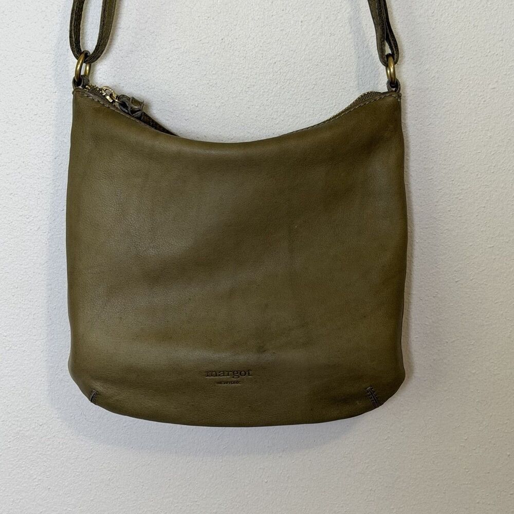 Margot New York Olive Leather Crossbody Purse Minimalist Handbag Zip Top Tassel